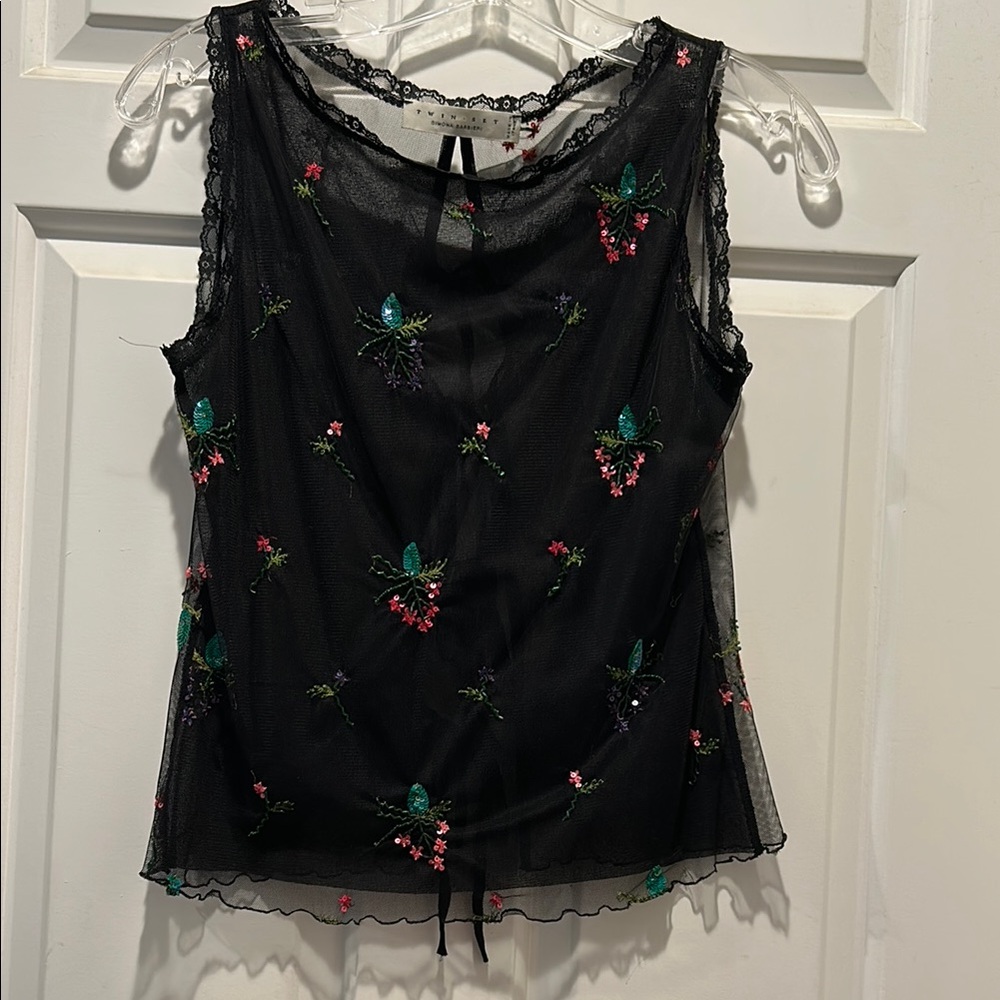 Floral Embroidered Black Sleeveless Top